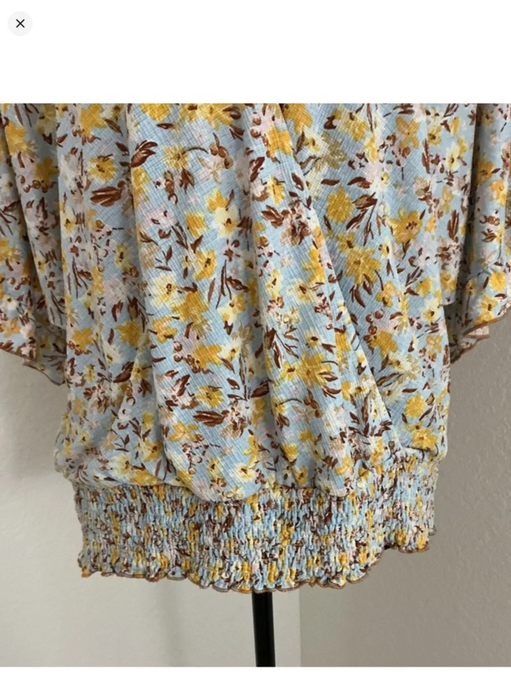 Melloday Floral Wrap Blouse 1X Blue Yellow Smocked Waist Flutter Sleeve - Picture 5 of 13